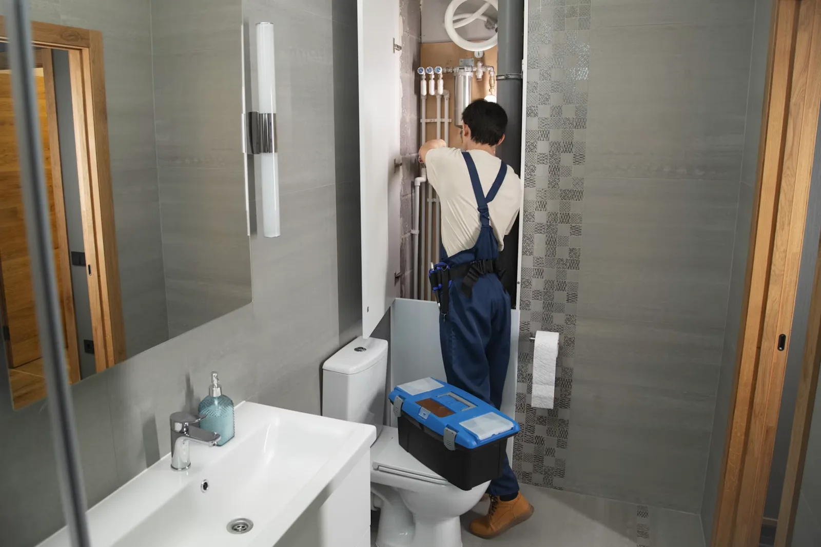 Plumber working on water pipes inside a finished residential bathroom.